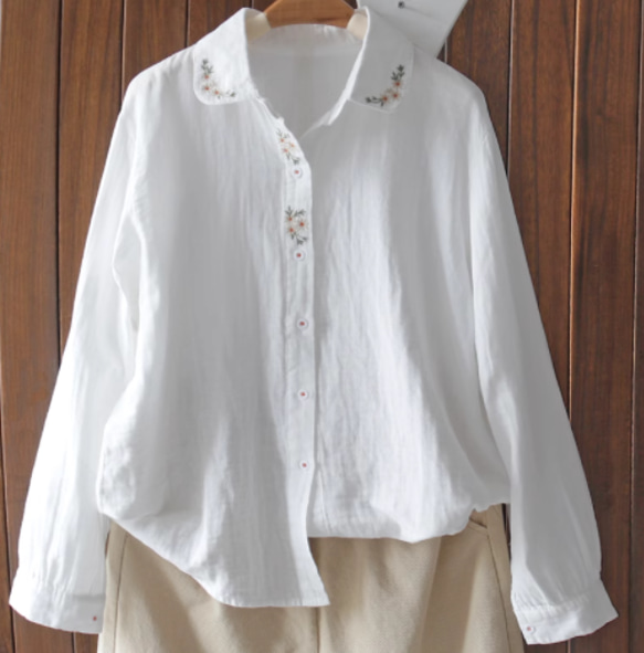ホワイト.刺繍綿のシャツ　ブラウス 　白い長袖シャツ　 2枚目の画像
