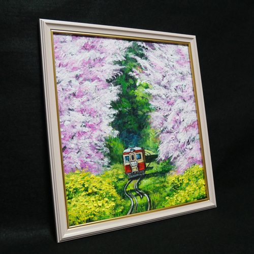 最も 割引 油絵 通販 HR 絵画 【桜と菜の花の鉄道】 絵画 絵 油彩画 油彩 絵画
