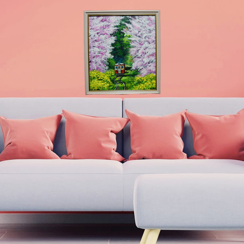 油絵 油彩 油彩画 絵画 絵 【桜と菜の花の鉄道】 油絵 油彩 油彩画 絵 絵画 【桜と菜の花の鉄道】 絵画 HR 通販