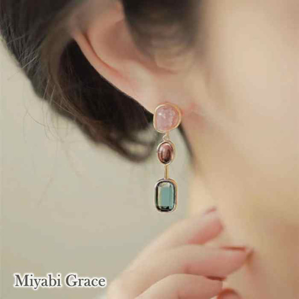 水晶耳環流行無痛無孔金色擺動綠綠紅紅粉色玻璃耳環 第6張的照片