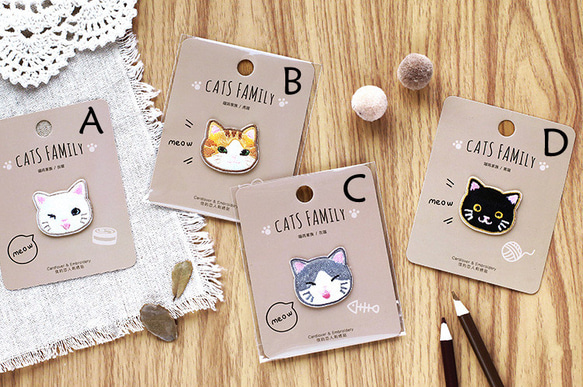 (1枚選ぶ) 猫 刺繍アイロンワッペン シールタイプ 白猫, 茶トラ猫, グレー白猫, 黒猫 2枚目の画像