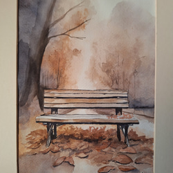 水彩画　晩秋のベンチ 1枚目の画像