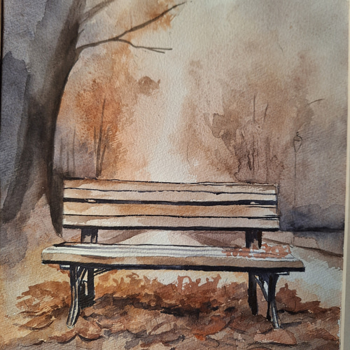 水彩画 晩秋のベンチ 絵画 makochin 通販 17430219｜Creema(クリーマ