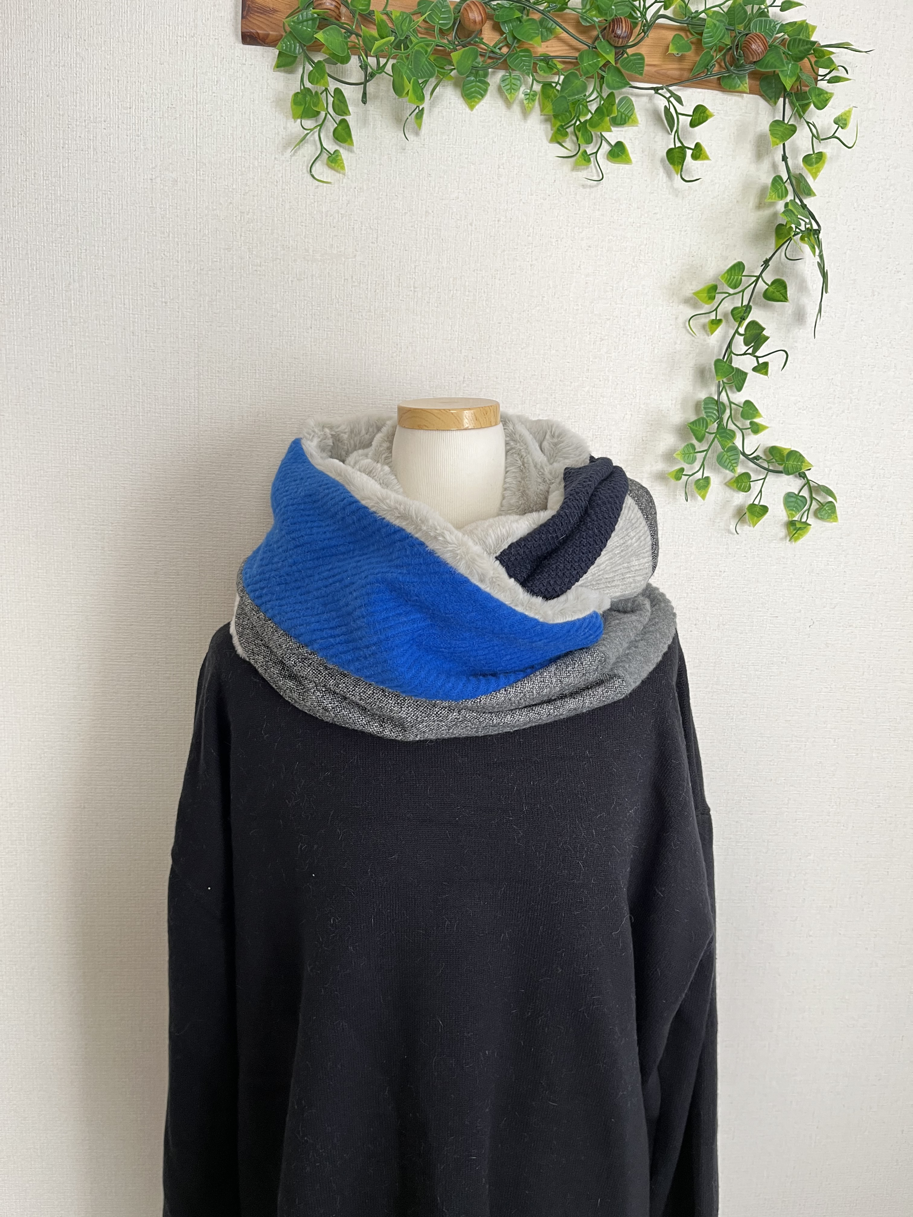 ブルーガゼルニット＆ツイードニット＆鹿の子ネイビーニットパッチロングスヌードマフラー1