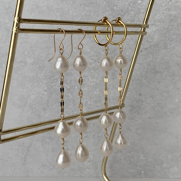 《14kgf》Drop Pearl long earringsフープイヤリング 淡水真珠 ドロップ バロック 6月誕生石 7枚目の画像