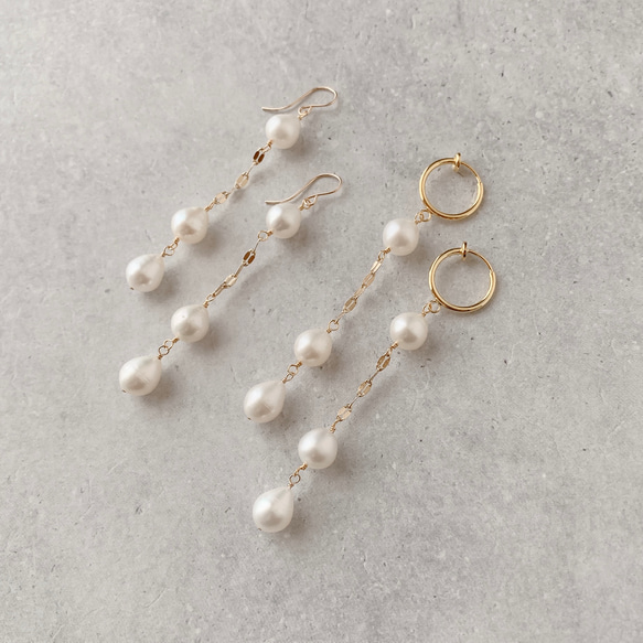 《14kgf》Drop Pearl long earringsフープイヤリング 淡水真珠 ドロップ バロック 6月誕生石 5枚目の画像