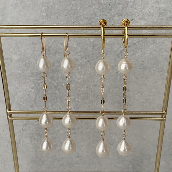 《14kgf》Drop Pearl long earringsフープイヤリング 淡水真珠 ドロップ バロック 6月誕生石 6枚目の画像