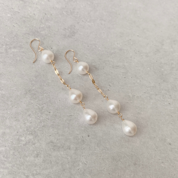 《14kgf》Drop Pearl long earringsピアス 淡水真珠 ドロップパール バロック 6月誕生石 4枚目の画像