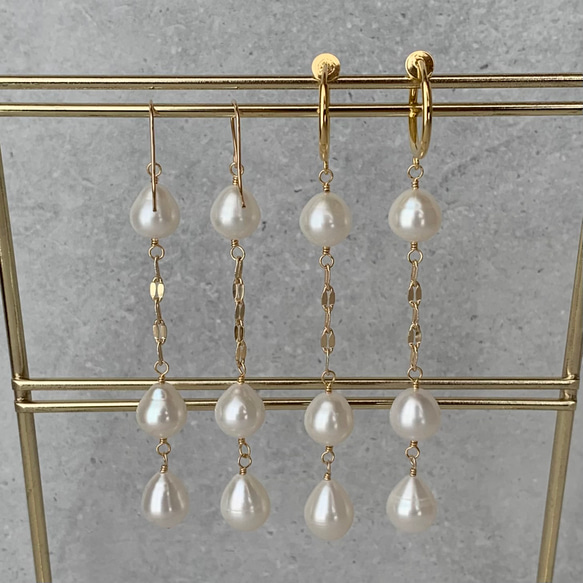 《14kgf》Drop Pearl long earringsピアス 淡水真珠 ドロップパール バロック 6月誕生石 8枚目の画像