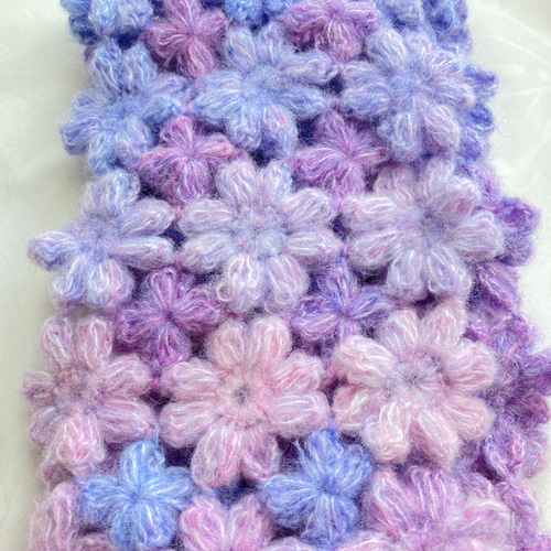 チクチクしない お花模様編みマフラー パープル・ブルー・ピンク