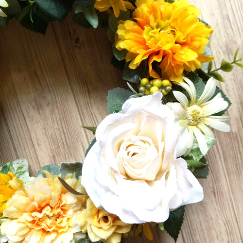 ダリアと薔薇の春夏リース☆玄関リース☆造花リース☆アーティ