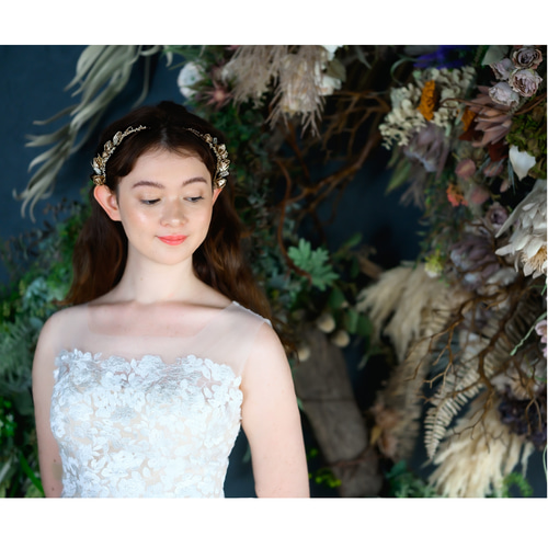ブロンズゴールド 花付き枝 ヘアアクセサリー ウェディング
