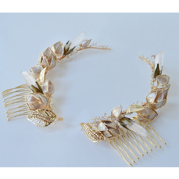 ブロンズゴールド 花付き枝 ヘアアクセサリー ウェディング