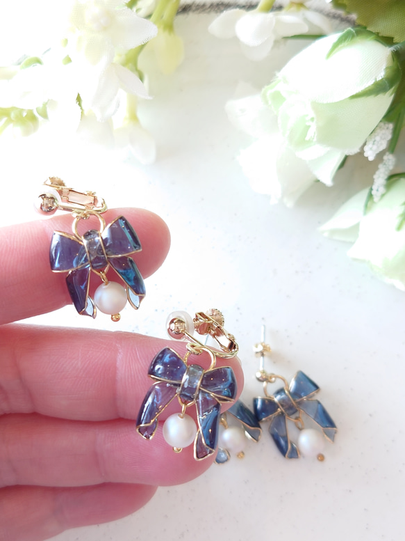 Ange au ruban*Little＊NAVY×GOLD イヤリング/ピアス 2枚目の画像