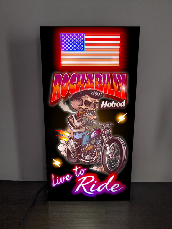 ロカビリー スカル ドクロ バイク オートバイ 骸骨 暴走族 ガレージ ランプ 看板 置物 アメリカン雑貨 ライトBOX 2枚目の画像
