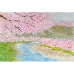 和紙ちぎり絵『のどかな小川と桜』葉書サイズ原画 2枚目の画像