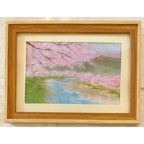和紙ちぎり絵『のどかな小川と桜』葉書サイズ原画 1枚目の画像