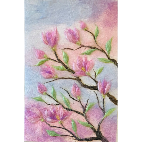 和紙ちぎり絵『もくれん(ピンク)』葉書サイズ原画 絵画 彩紘工房 通販