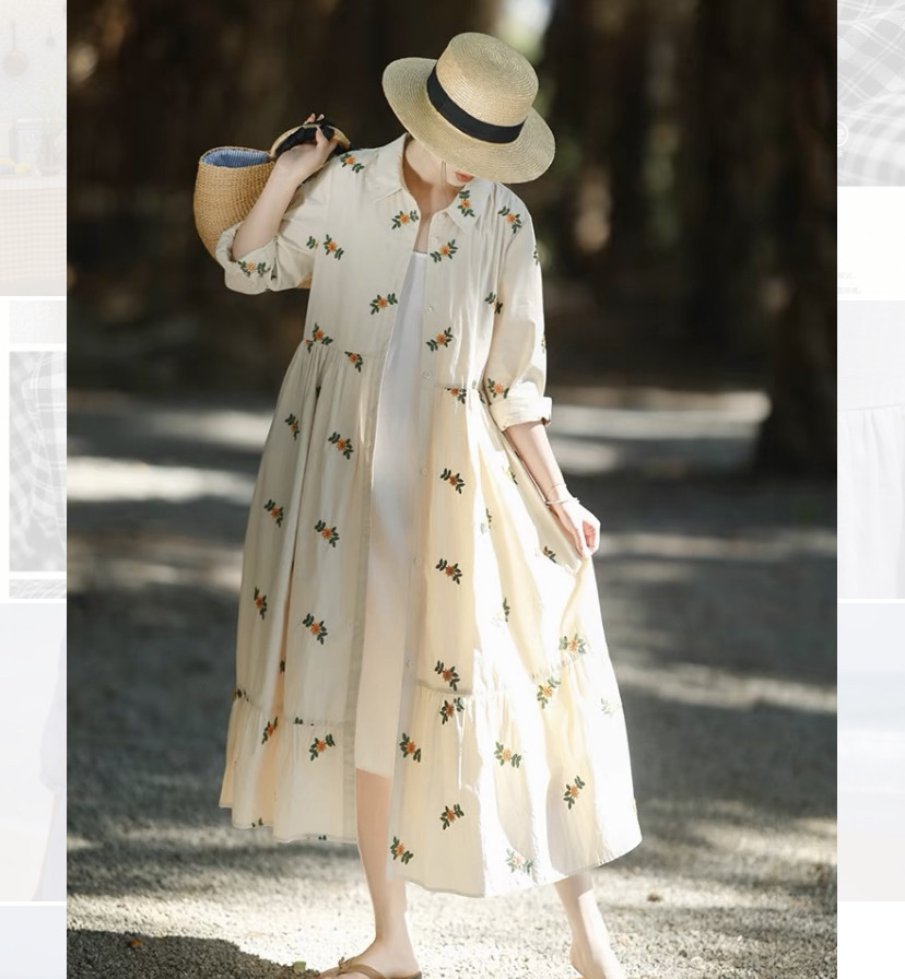 ◆送関税無料◆Merlette ステッチ刺繍入りウエストリボンワンピ 2way 刺繍コットのシャツワンピース ウエストリボン ポケット付
