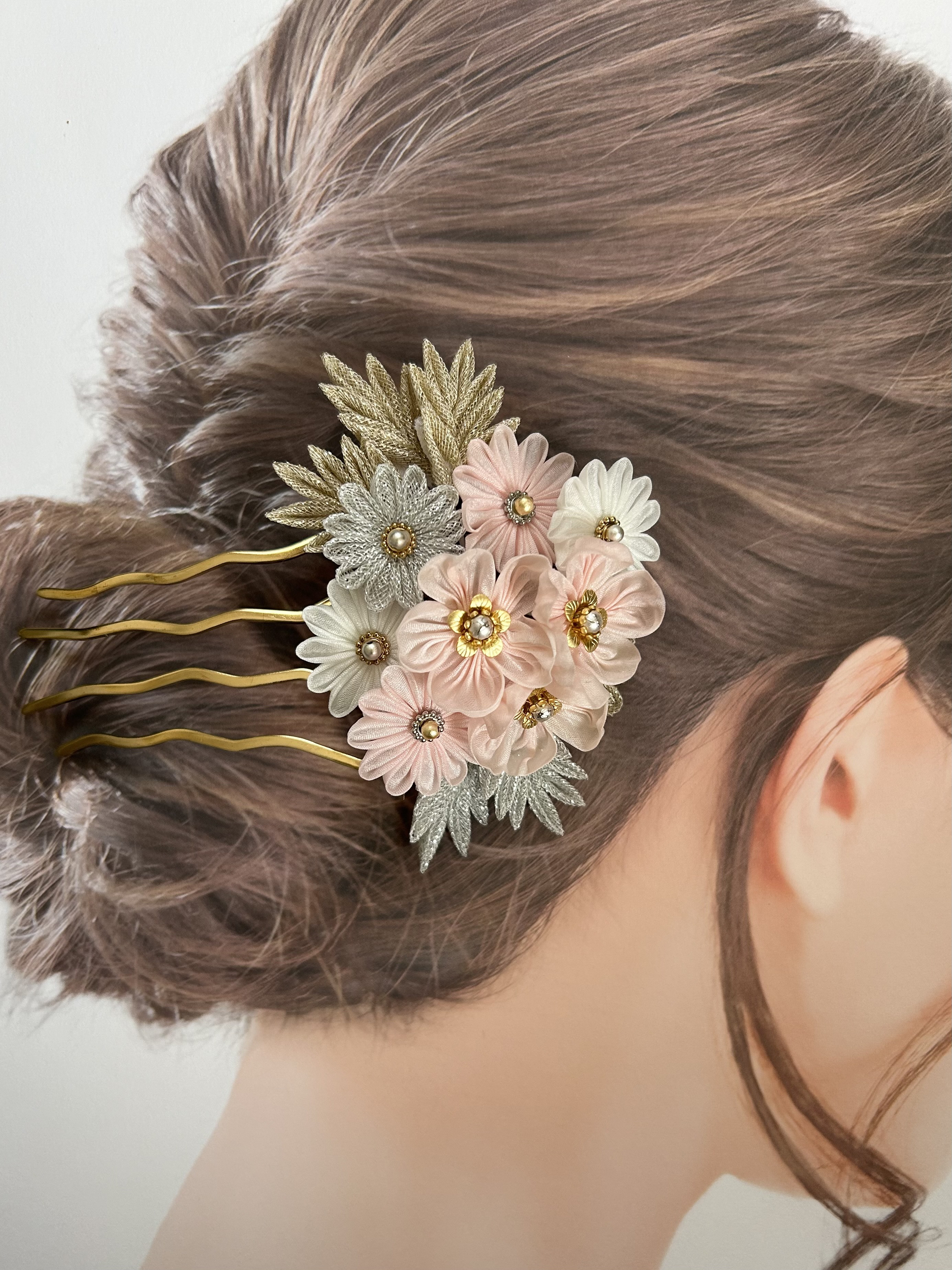 正絹羽二重つまみ細工　桜のコーム