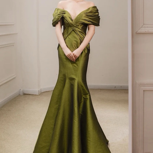 ウェディングドレス グリーンドレス オフショルダー ソフトマーメイド