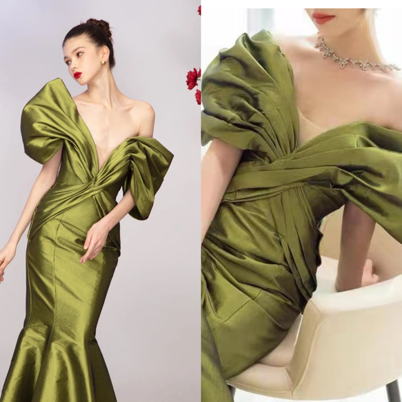 シンプルオシャレなグリーンのオフショル イブニングドレス シンプルオシャレなグリーンのオフショル イブニングドレス 【公式通販】