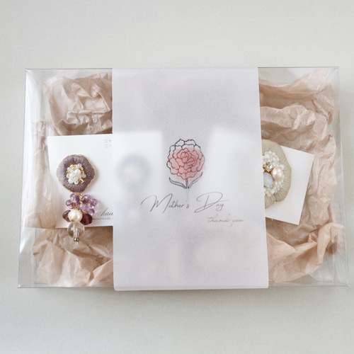 母の日ギフトセット♪アメジストカラーの刺繍耳飾りと刺繍  