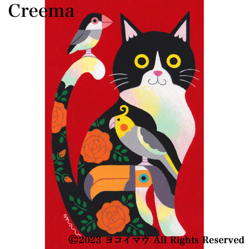 原画「ハチワレ猫と小鳥ブレーメン 赤色」猫/文鳥/インコ/イラスト