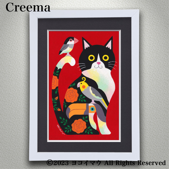 原画「猫と小鳥のポップアート　ハチワレ猫　赤」アート絵画 2枚目の画像