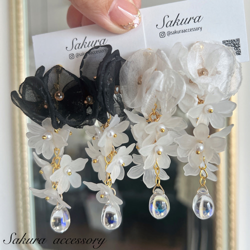 シフォンフラワー すりガラスフラワー しずく ピアス イヤリング 