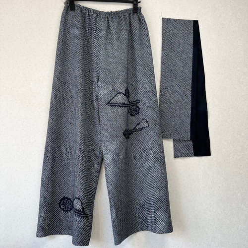 暗濃紺 大島紬ワイドパンツ＋ストール 裏地付き 着物リメイク
