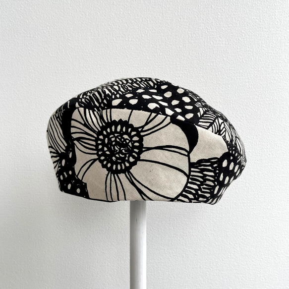 【受注製作】サニーサークルベレー ベレー帽 モノトーン 北欧風 花柄 綿麻 大きい 小さい 3枚目の画像