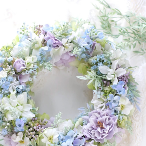 フラワーリース 春 母の日 お花 プレゼント アンティーク パープル ローズ パープルローズとライラックのリース フラワーアレンジ ギフト
