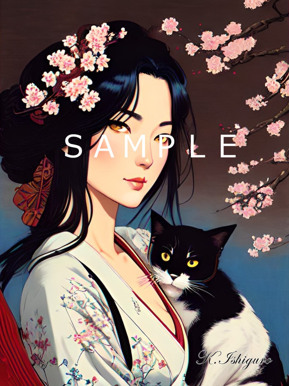 猫と女性と桜(オリジナルイラスト)A4額付き　№s-4450 1枚目の画像