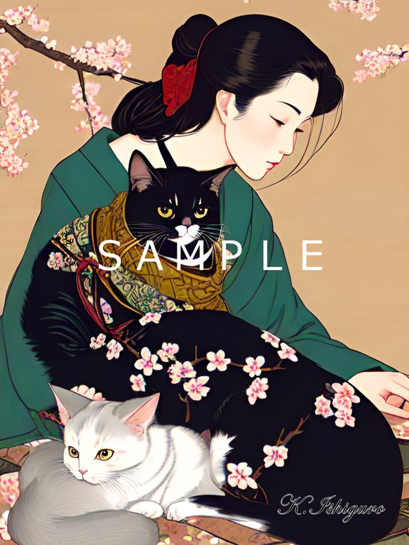 猫と女性と桜(オリジナルイラスト)A4額付き　№s-5898 1枚目の画像