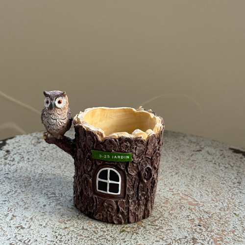 可愛いアンティーク レジン鉢 》オウルハウスポット 幸運の鳥 フクロウ