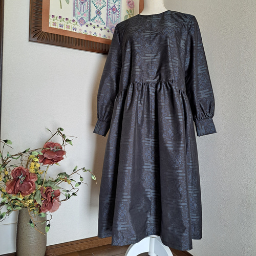 ☆ 着物リメイク/大島紬/一点もの/ギャザーワンピ―ス