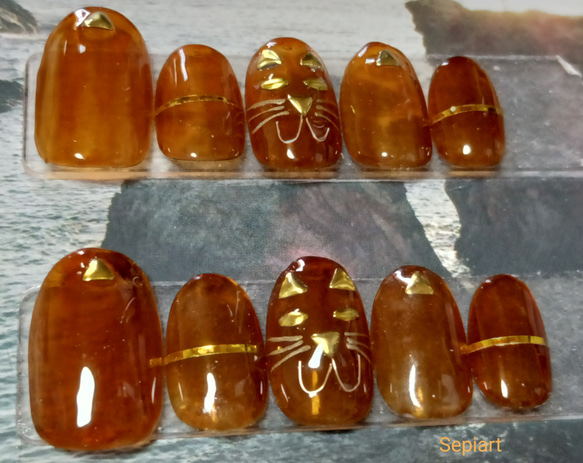 ジェルネイルチップ☆付け爪☆シアーブラウン☆猫 スタッズ ネイル  