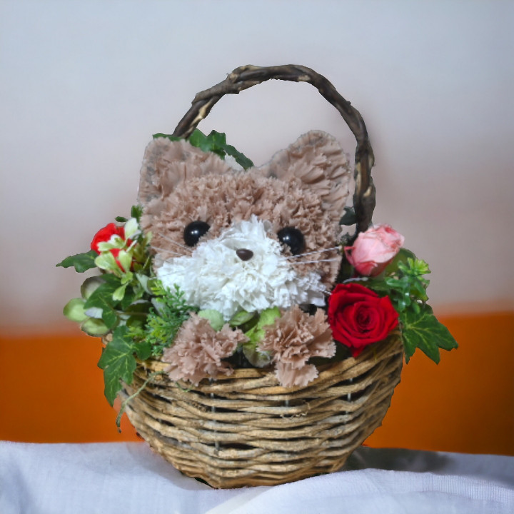 フラワーペット【猫・壁掛けバスケット】 2way プリザーブドフラワー  猫  花   誕生日 母の日 ペット ねこ
