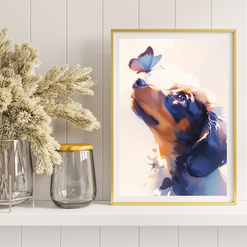 蝶犬戯舞 - ダックスフンド犬の子犬 No.2】春・蝶・子犬・アート