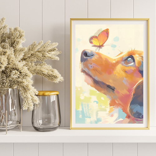 蝶犬戯舞 - ダックスフンド犬の子犬 No.3】春・蝶・子犬・アート