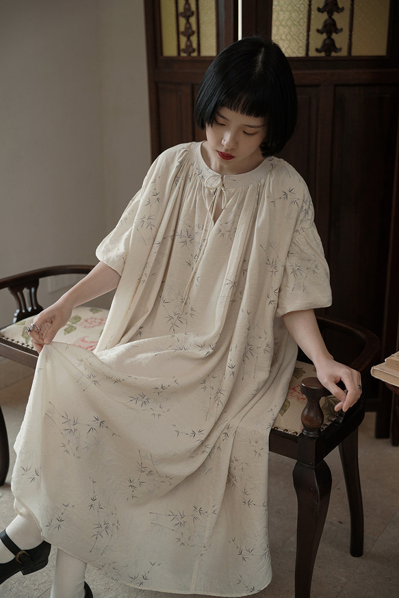春芽 新中式國風文藝復古竹子印花洋裝 圓領繫帶寬鬆裙子連身裙 第10張的照片