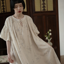 春芽 新中式國風文藝復古竹子印花洋裝 圓領繫帶寬鬆裙子連身裙 第19張的照片