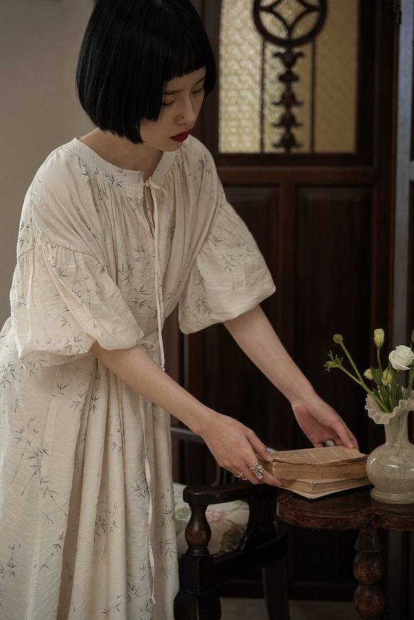 春芽 新中式國風文藝復古竹子印花洋裝 圓領繫帶寬鬆裙子連身裙 第16張的照片