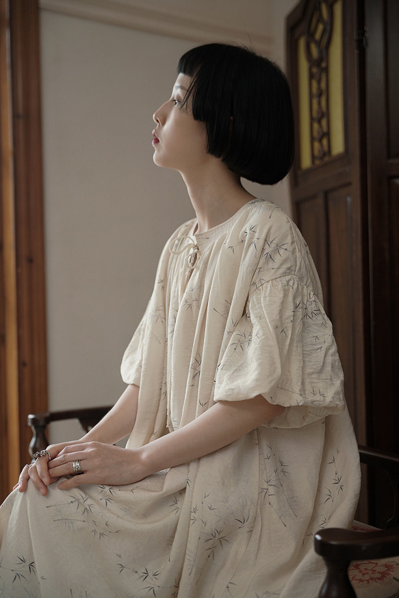 春芽 新中式國風文藝復古竹子印花洋裝 圓領繫帶寬鬆裙子連身裙 第12張的照片