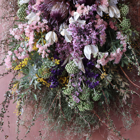 (75cm) ＊特大＊ワイルドフラワーと春のお花のボリュームスワッグ/ドライフラワー/プロテア/ミモザ/開店祝い 6枚目の画像