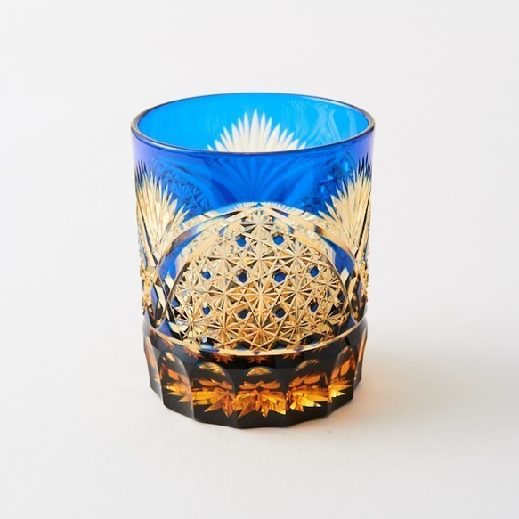 江戸切子　琥珀色瑠璃被せクリスタルロックグラス 1枚目の画像