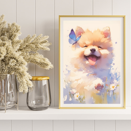 蝶犬戯舞 - ポメラニアン犬の子犬 No.4】春・蝶・子犬・アート