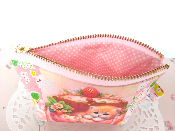 可愛いネコちゃんミニポーチ(ピンクのお花) 5枚目の画像