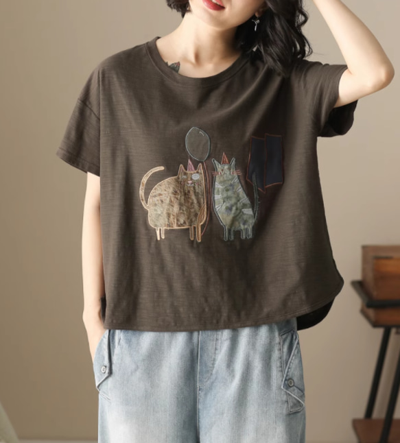 初春.  100％綿.無地.コットンTシャツ ショート丈半袖トップス 2枚目の画像